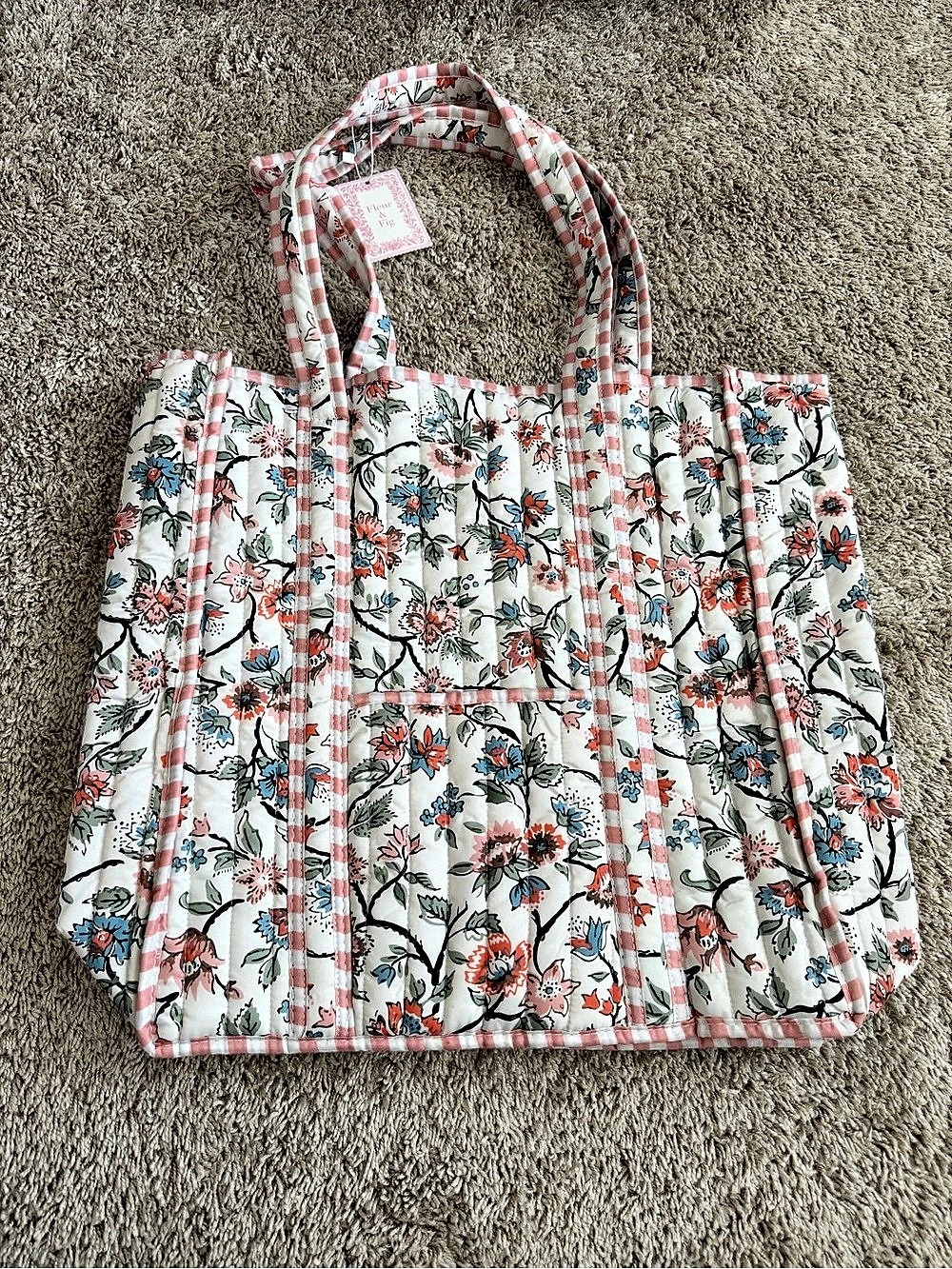 Fleur & Fig Quilted Floral and Gingham Tote Bag Gingham Tote Bag White & Pink